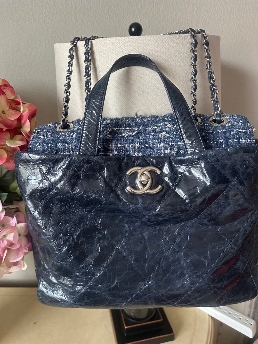 CHANEL Navy Quilted Patent Leather & Tweed Tote with Silver CC Hardware